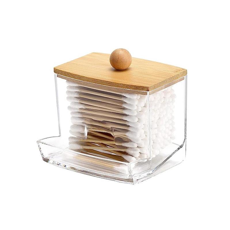 Modern Minimalist Clear Plastic and Bamboo Cotton Swab Holder with Dispenser