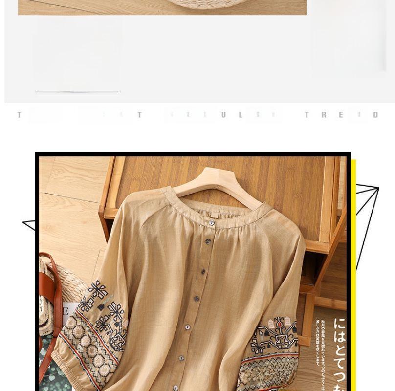 41 Retro Embroidered Lantern Sleeve Top - Women's Cotton & Linen Summer Shirt