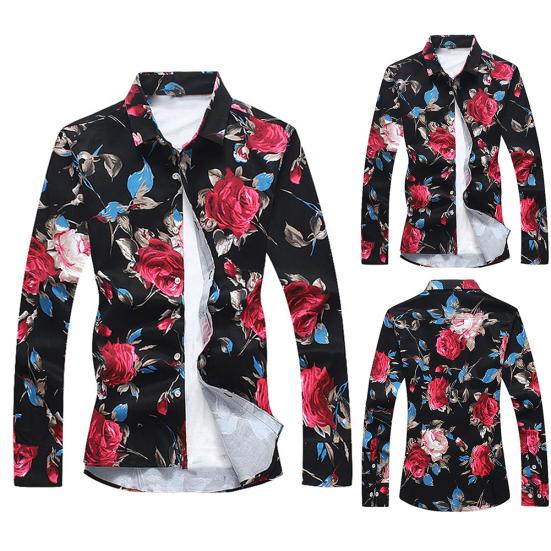 Plus Size Men's Flower Print Slim Fit Shirt Turn Down Collar Long Sleeve Top