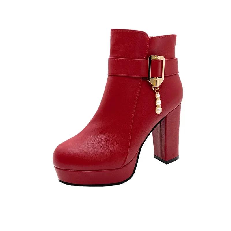 

Ботильоны в стиле вестерн с круглым носком, на молнии, на высоком каблуке, женская обувь, ботильоны на очень высоком толстом каблуке, на платформе, женская обувь 40 красный