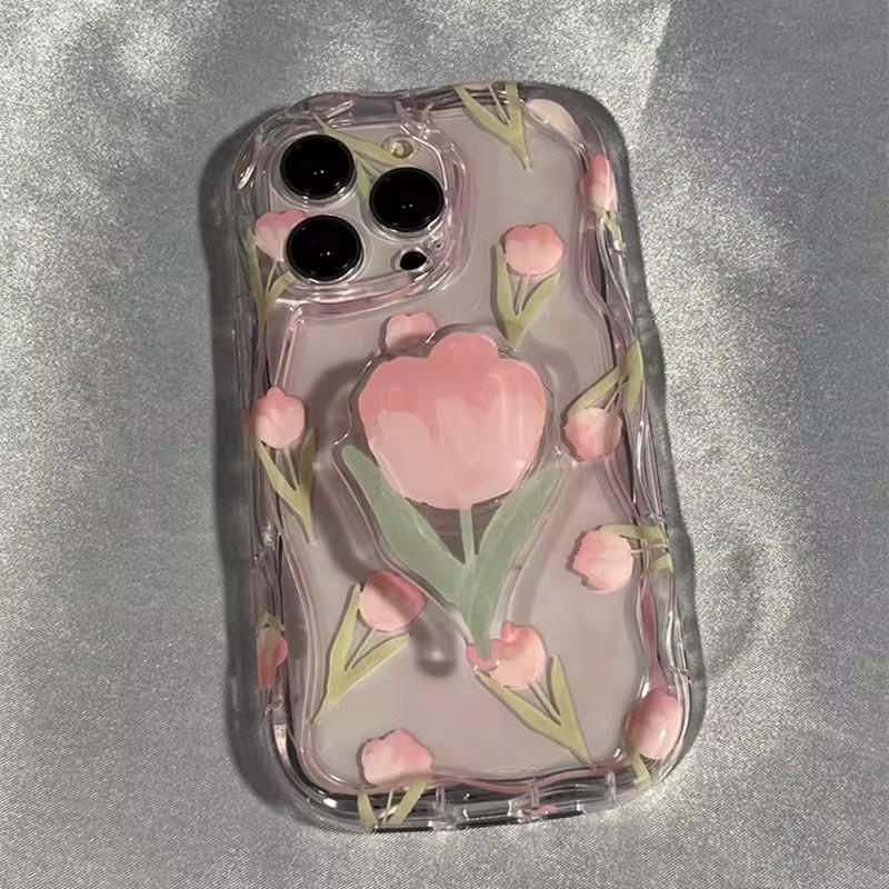 High End Style Niche Tulips Apple 14Plus Mobile Phone Case IPhone 13 Cream Pattern 14Pro Elegant and Beautiful