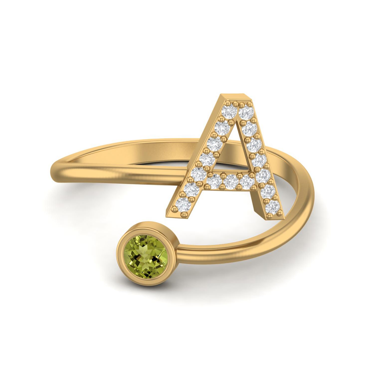 Capital A Initial Letter 3MM Round Peridot 925 Sterling Silver Gold Vermeil Women Adjustable Wedding Ring 5 жёлтый