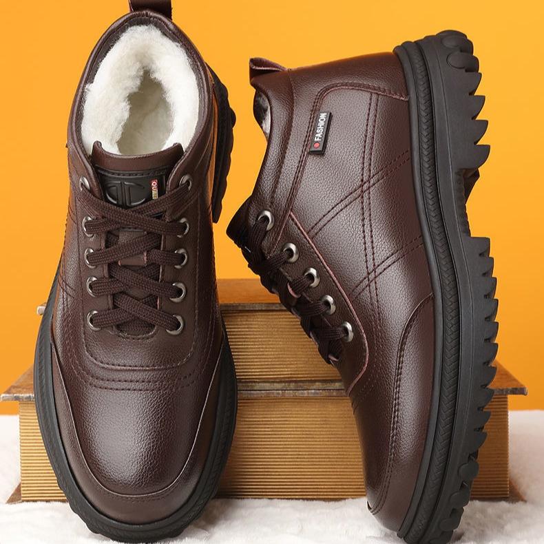 Winter Snow Boots – Leather High-Top Thickened Lined Mid-Top Warm Men's Shoes, Cotton Boots with Height-Increasing Design
