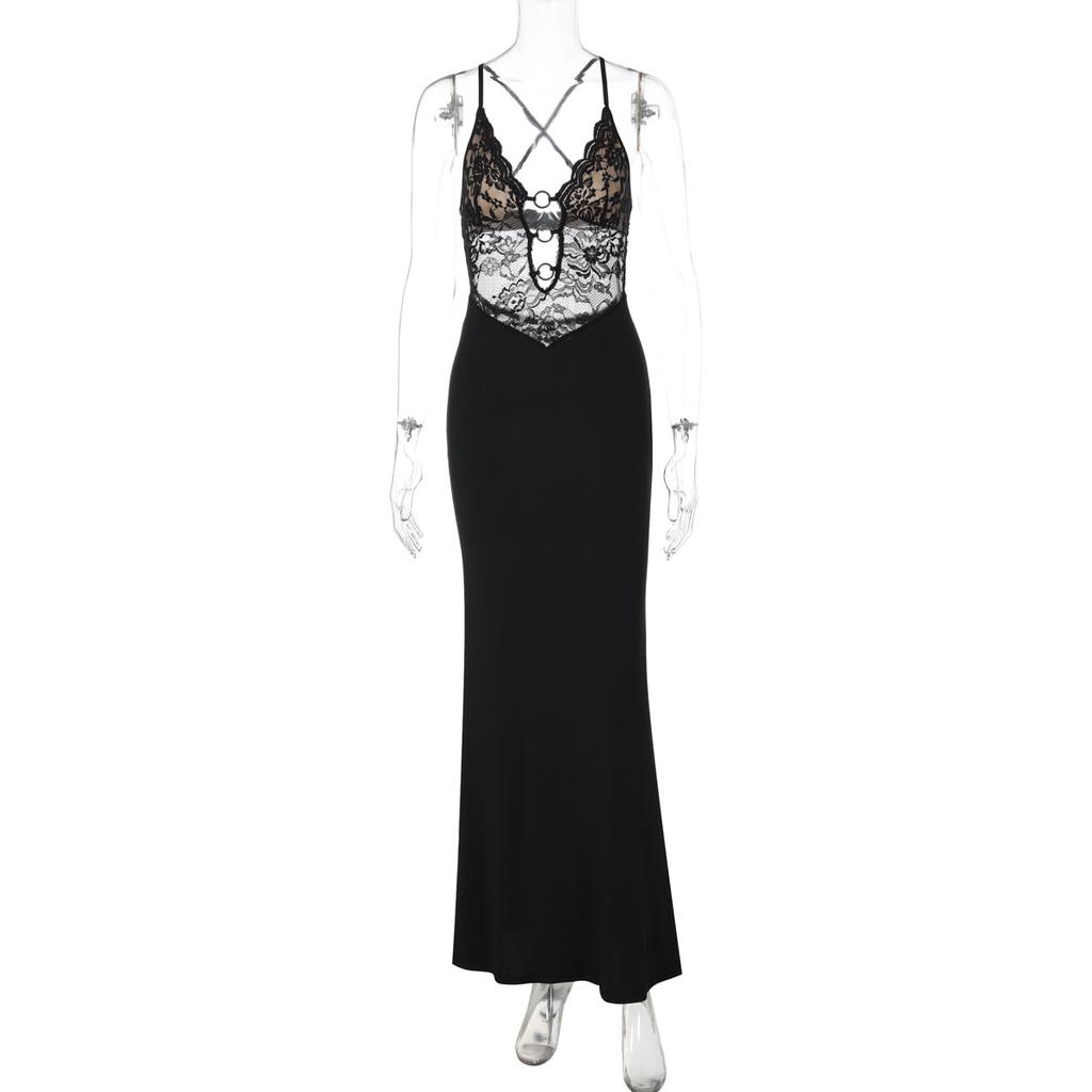 Fashion Suspender Long Dress, Sexy Lace Chest-wrapped Splicing Steel Ring Decoration, Slim-fitting Hip-wrapped Pure Desire Dress