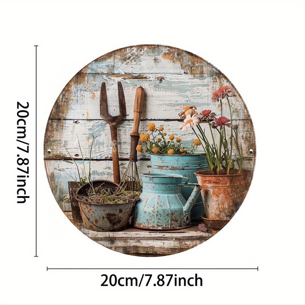 Wooden Disc Scrap Flower Pot Fork Sign 1 Piece 2D Wall Art Indoor/Outdoor Holiday Decoration Garden Room Decoration