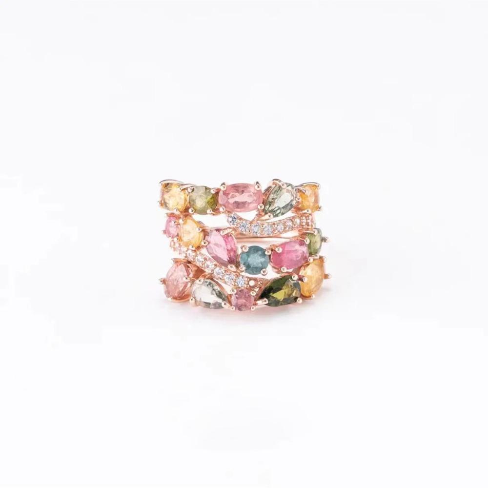 

Women Jewelry Set Gaia Goddess Style Natural Looking Bracelet with Diamond Rose Ring Rainbow Color