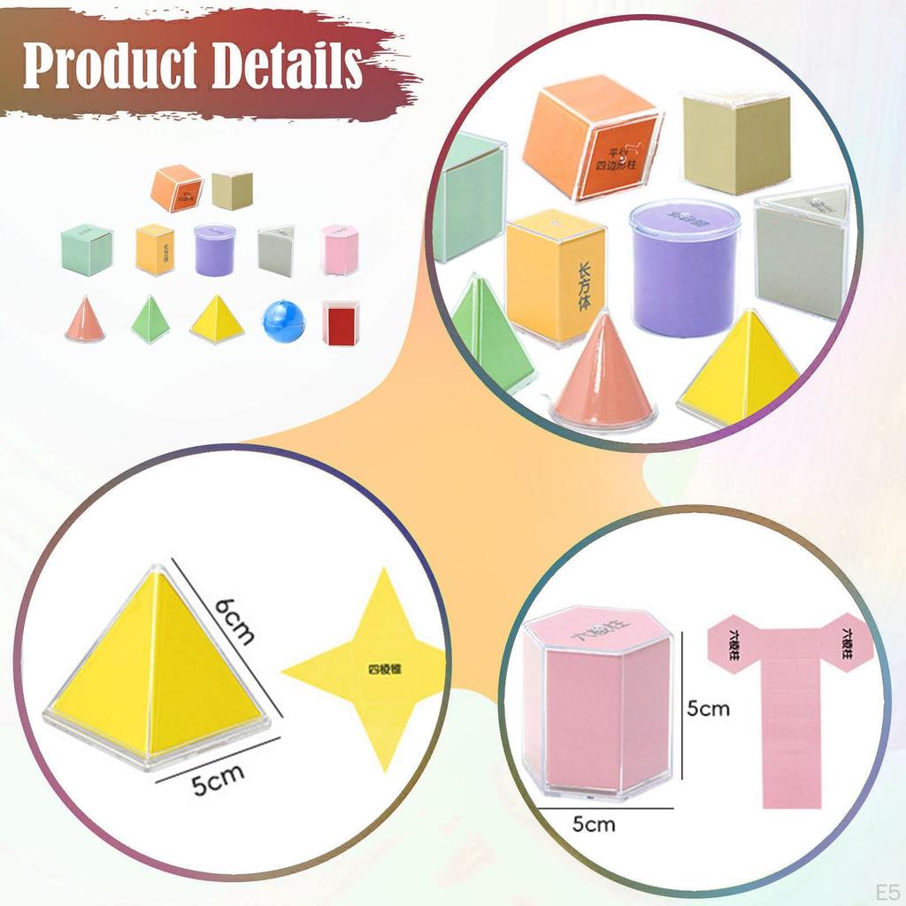 9 Pieces Geometric Solid Blocks Manipulatives Set with 3D Shapes Transparent Geometry Models