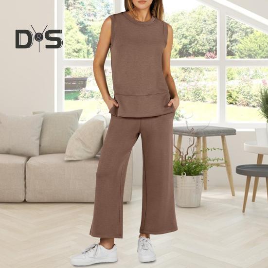 2-teiliges Oberteil- und Hosenset für Damen, einfarbig, Rundhalsausschnitt, ärmellos, Seitenschlitz, lockere Weste, weites Bein, Seitentaschen, Hose für den Alltag, Pendeln, Urlaubsoutfit