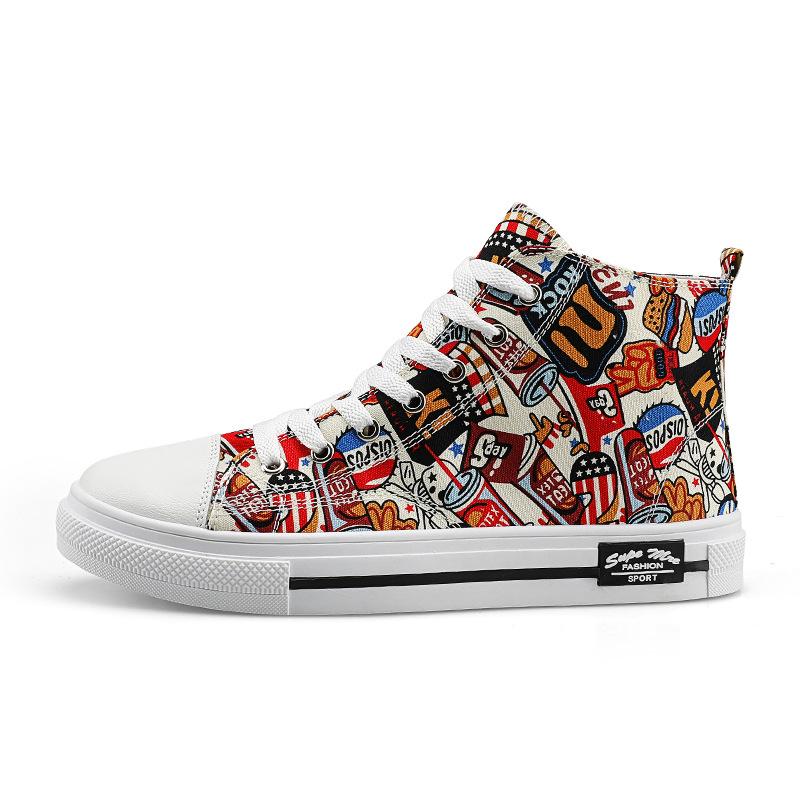 Stylové graffiti tištěné pánské vulkanizované boty, vysoké pánské robustní tenisky, hip hopové plátěné tenisky, pánské sapatos hombre 44