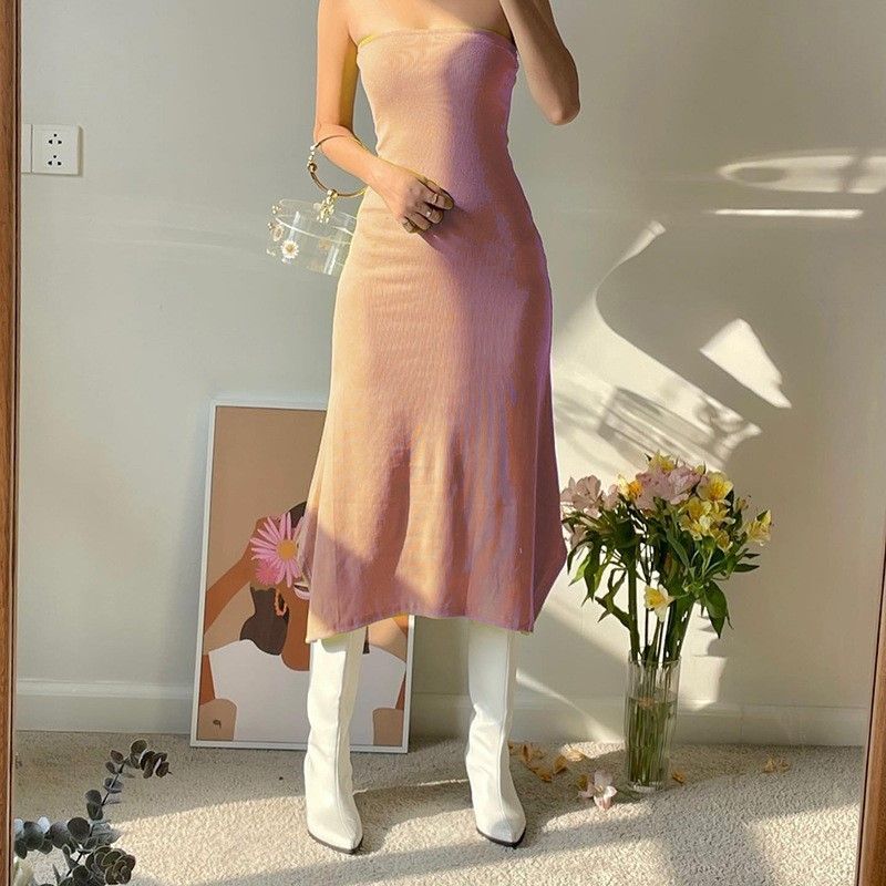 

All-Match Summer New Arrival Beautiful Pure Color Pullover Sleeveless High Waist Hip-Wrapped Casual European and American Women s Clothing Dress Pink L