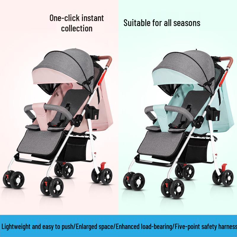 Lightweight Foldable Stroller: Sit or Lie Position, Four-Wheel Design, One-Key Fold for Kids and Babies.