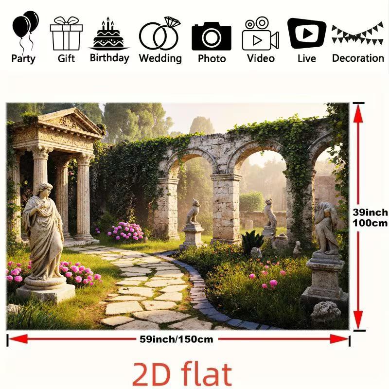 2D Mythical Ancient Garden Backdrop Stone Arches, Statues and Blooms Portrait Studio Background