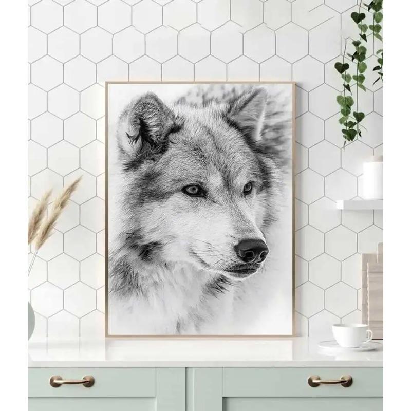 Black and White Minimalist Wolf Animal Canvas Art Print Poster, Modern Wall Decor for Living Room