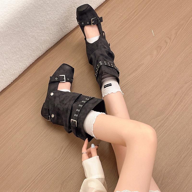 Removable inner height-increasing cool boots, trouser tube is thin, fashionable belt buckle, cool boots, shallow mouth two wear, women's large tube