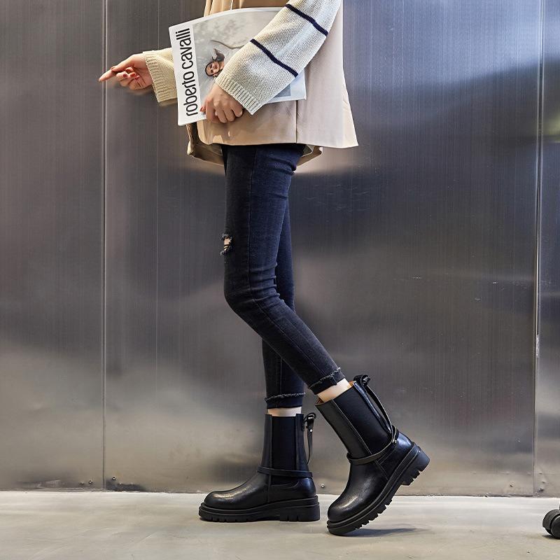 Boots Women's Winter New Leather Cigarette Boots Medium Boots Women's Chelsea Fleece Martin Boots