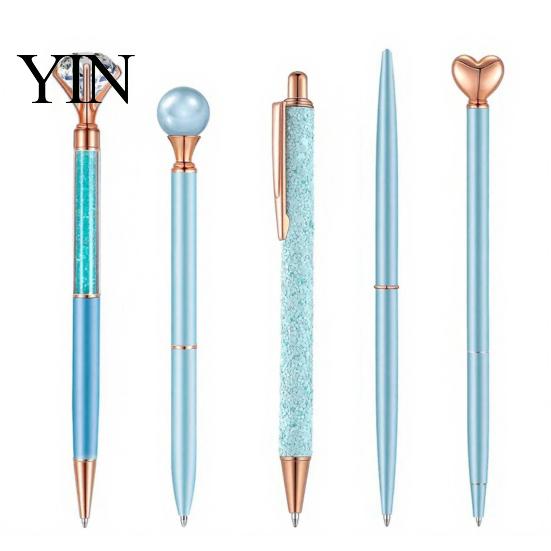 Refillable Metal Ink Pen 5PCS Diamond Ballpoint Pens, with Sparkling Rhinestone Decor, Smooth Press Mechanism Writing Pen, for Kids Adults Stationery