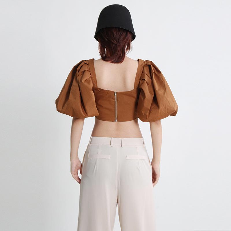 Spring 2025 Women's Square Neck Spliced Puff Sleeve Crop Top