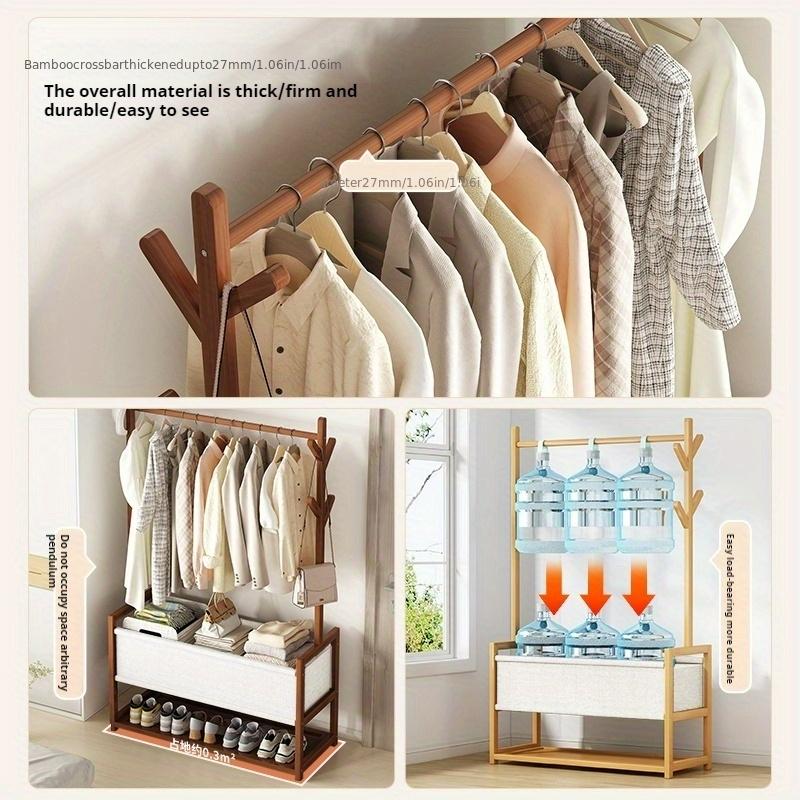 Bamboo Clothes Rack Portable Large Garment Rack 1/2 Tire Storage Box Shelves Freestanding Coat Rack for Entryway & Bed Room
