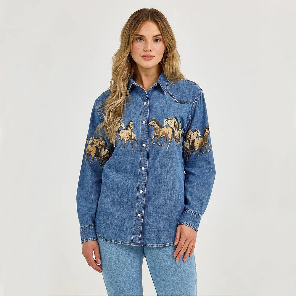 Autumn Retro Denim Lapel Shirt and Fashionable Wild Horse Print Denim Jacket