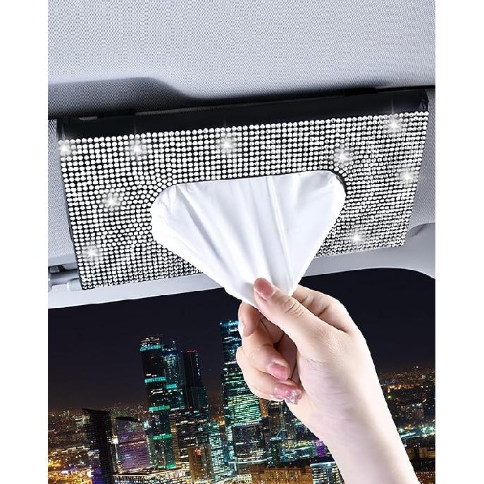 Bling Car Sun Visor Tissue Box Holder,PU Leather With Bling Crystal Rhinestones Tissue Holder,Car Accessories For Women (Black)