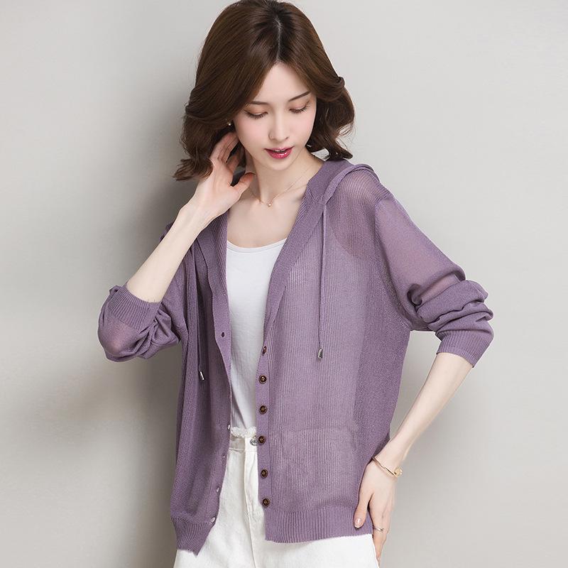 Ice Silk Knitted Cardigan Women's Coat Hooded Lace Up Sun Protection Jacket Shawl Spring and Summer Thin Style Solid Color Loose Fit
