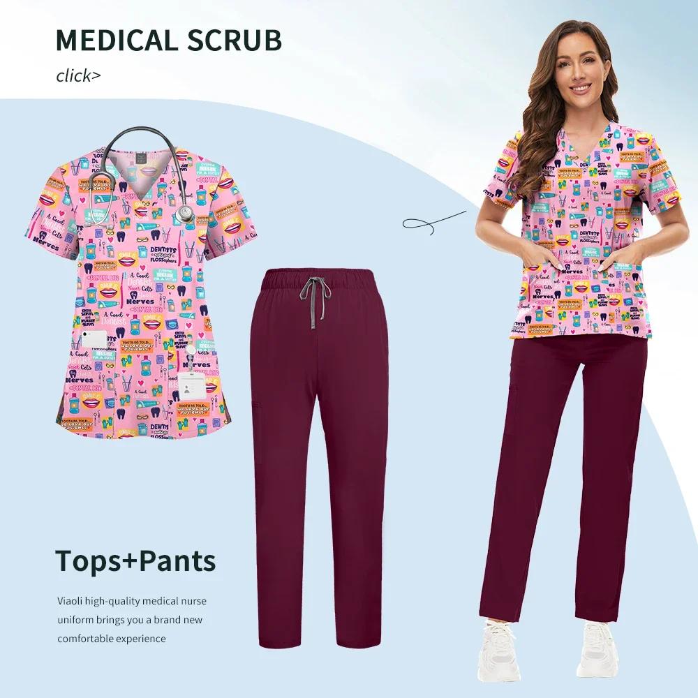 Printed Scrub Uniform Set V Neck Short Sleeves Pockets Top Medical Soft Scrub Pants Sets Nurse Surgical Uniforms Woman