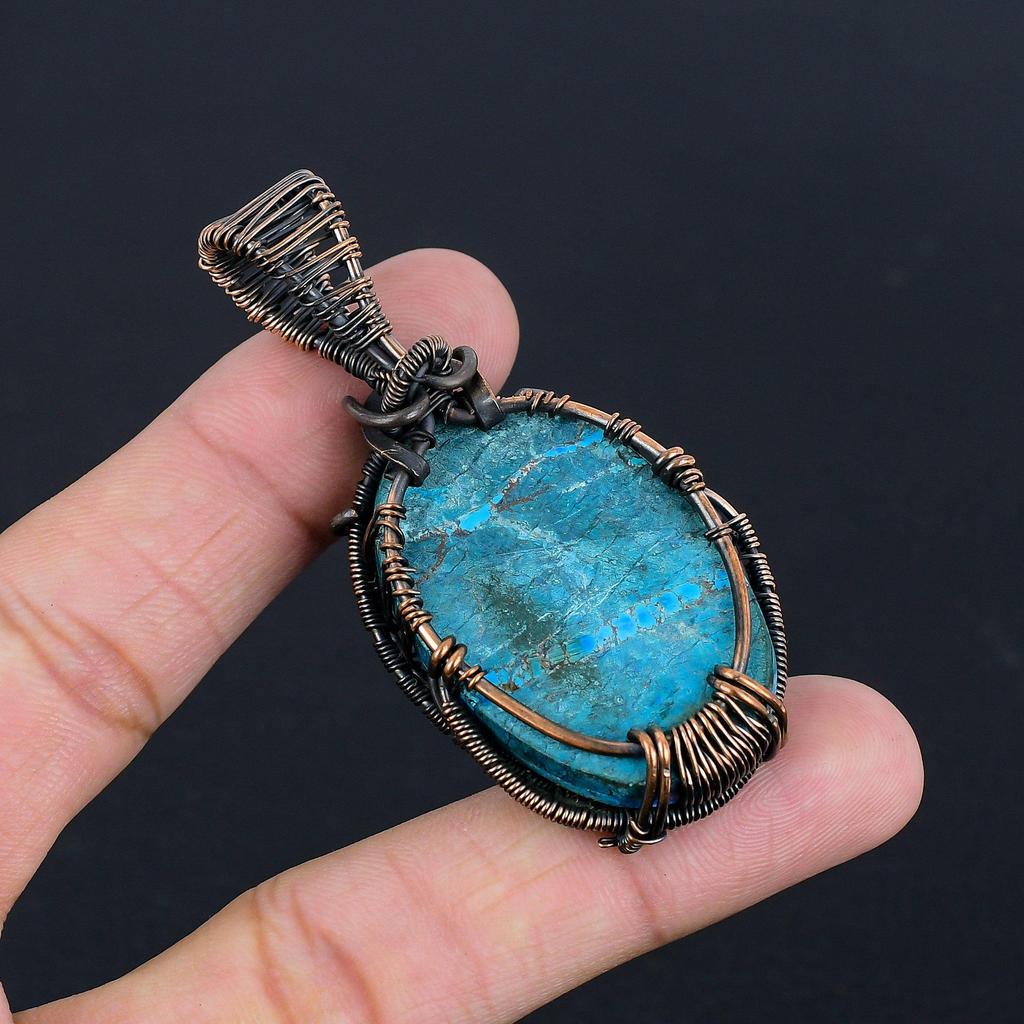 Tibetan Turquoise Pendant, 999 Copper Wire Wrapped Gemstone Jewelry, Handmade Pendant, For Thanksgiving