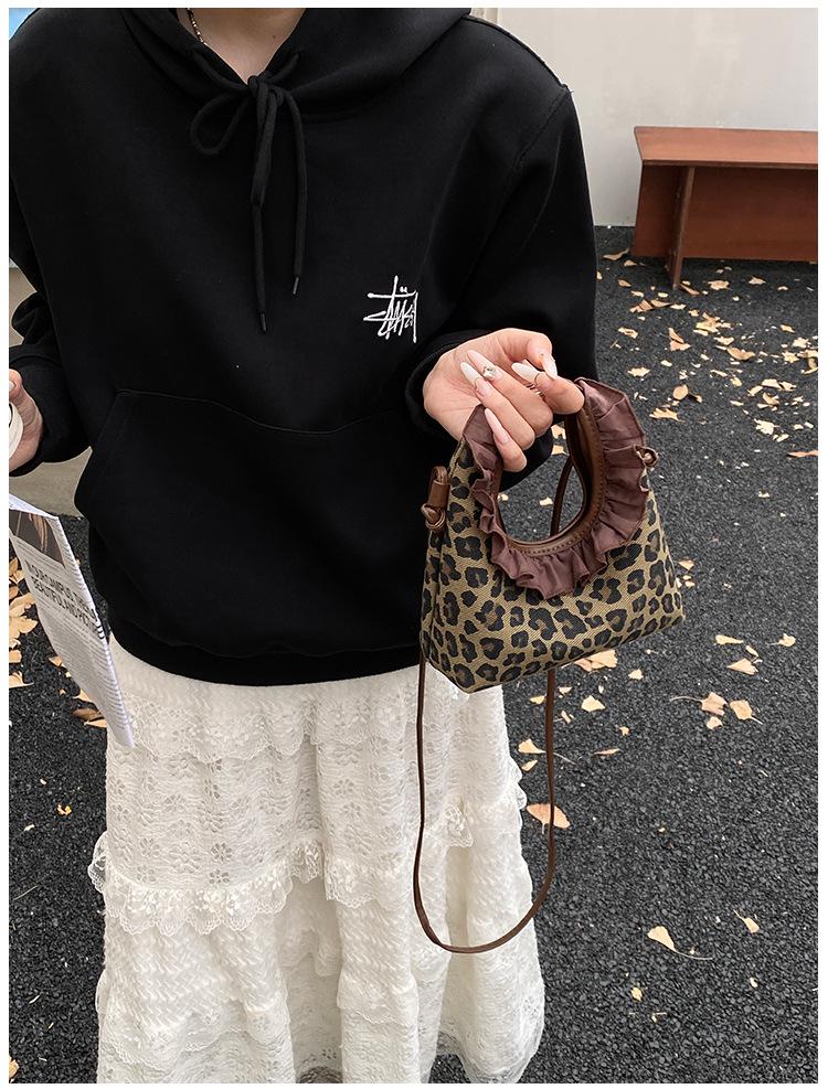 Mädchen Umhängetasche mit Leopardenmuster und Spitze - Neuer koreanischer Retro-Stil für Herbst/Winter 2025