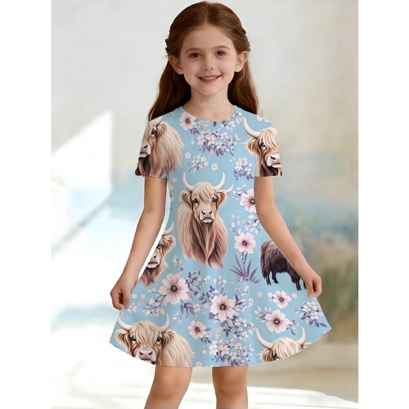 Adorable 3D Butterfly Print Dress for Girls with Vibrant Color Gradients, Glitter Accents, Short Sleeves,