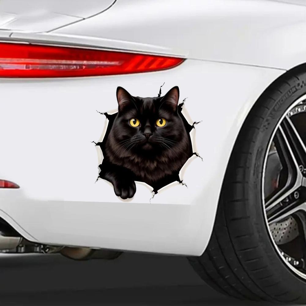 QT2170#15cm Black Cat with Yellow Eyes Emerging Through Ragged Hole Car Sticker for Laptop, Truck, Phone, Motorcycle, Window