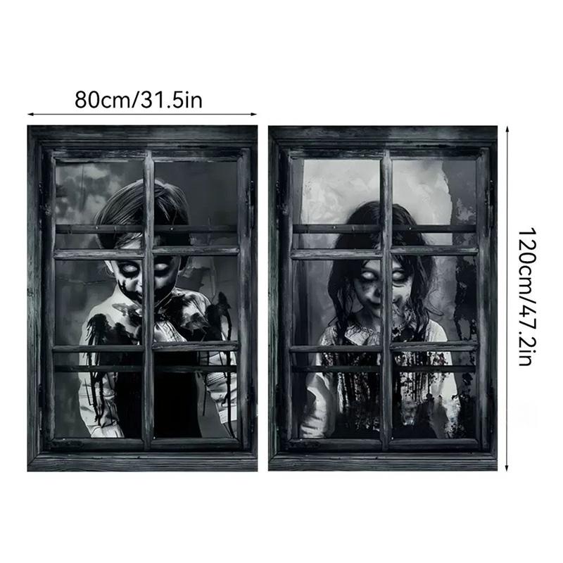2-Piece Halloween Zombie Ghost Decor Bloody Window Scary Backdrop Outdoor Horror Hanging Cloth Spooky Party Supplies