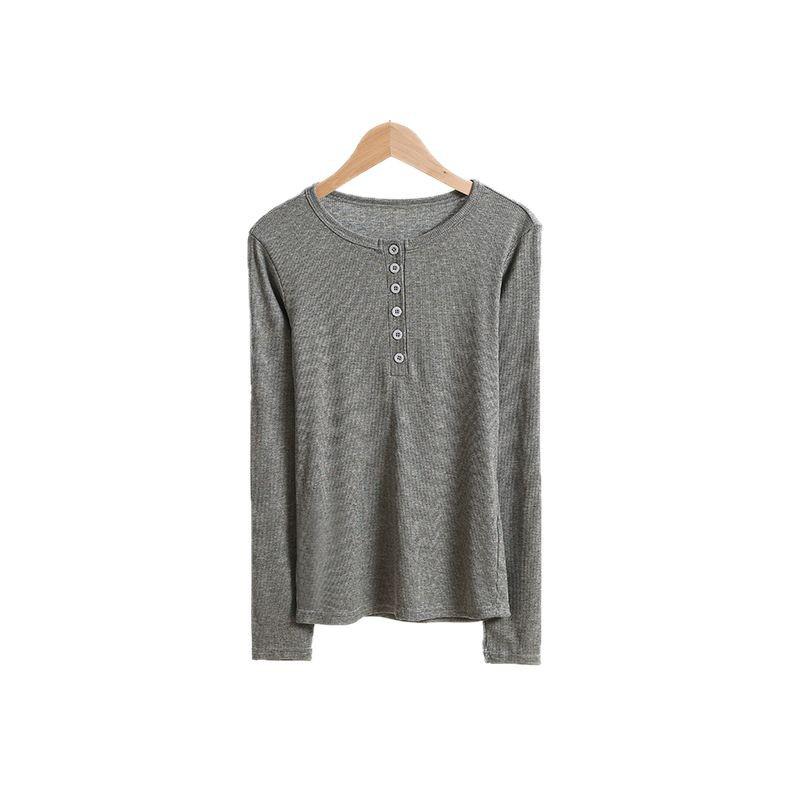 Women's Slim Fit Long Sleeve Half Open Collar T-shirt with Button Detail