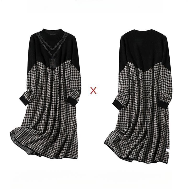 Casual Solid-color Mid-length Knitted Dress for Women Autumn and Winter Long-sleeved French Checkered A-line Sweater Dress Pulloversr