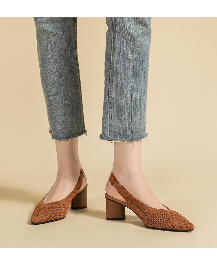 BT663 Princess Cutout Stickade Sandaler - Rund/Spetsig Tå, Bakrem, Lågt Skuren, Chunky Klack