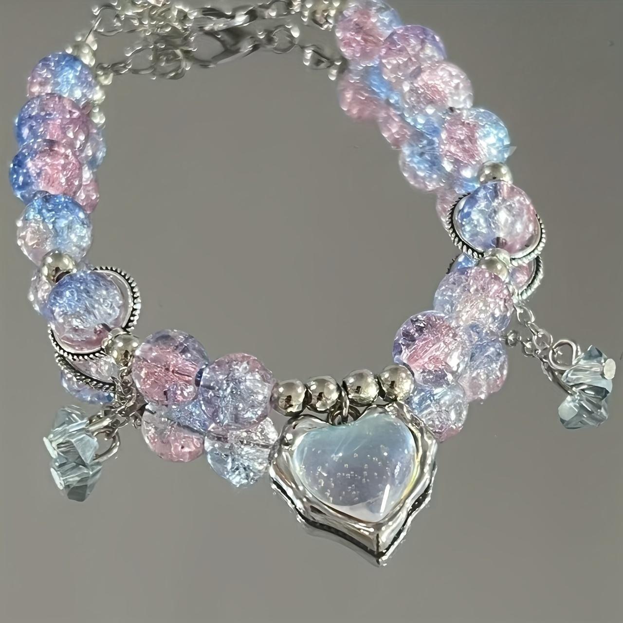 

A Gradient Pink And Blue Heart-Shaped Pendant Bracelet, Original Design, Crackle Glass Bracelet, The Perfect Gift for, Valentine S Day Present порошок синий