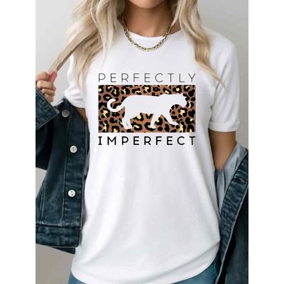 European Size Women'S Perfectly Imperfect Leopard Print T-Shirt - White Casual Y2K Graphic Tee with Slogan, Round Neck Short Sleeve Top