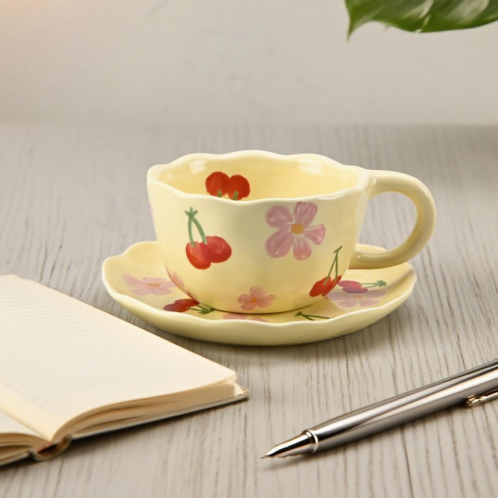2PCS/Set High-end Coffee Cups And Saucers, High-value Ceramic Mugs, Business-style Latte Art Coffee Cups, Hand-pinched Cups