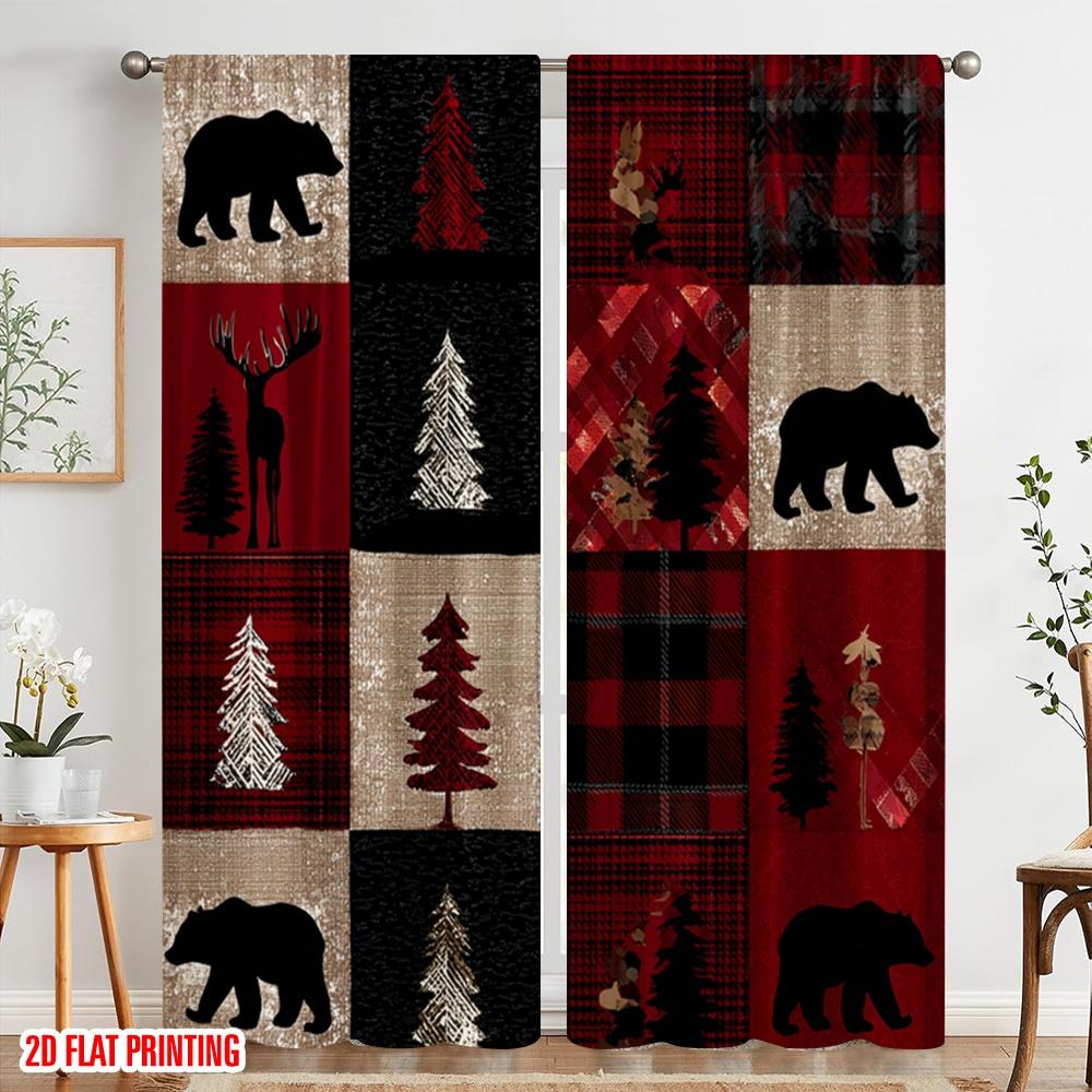 2 Stück, 2D-Flachdruckmuster Vorhänge Rot kariert Bär Hirsch Wald Polyesterstoff (ohne Stange) Perfekt für Heimdeko