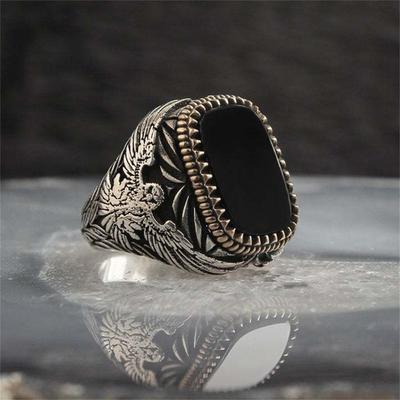 Retro Handmade Turkish Signet Ring Vintage Men's Ancient Metal Eagle Rings Inlaid Black Zircon Party Punk Motor Biker