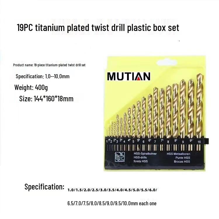 Zestaw 13 wierteł ze stali szybkotnącej pokrytej tytanem do drewna i plastiku, wkrętarki elektrycznej i dziurkacza.