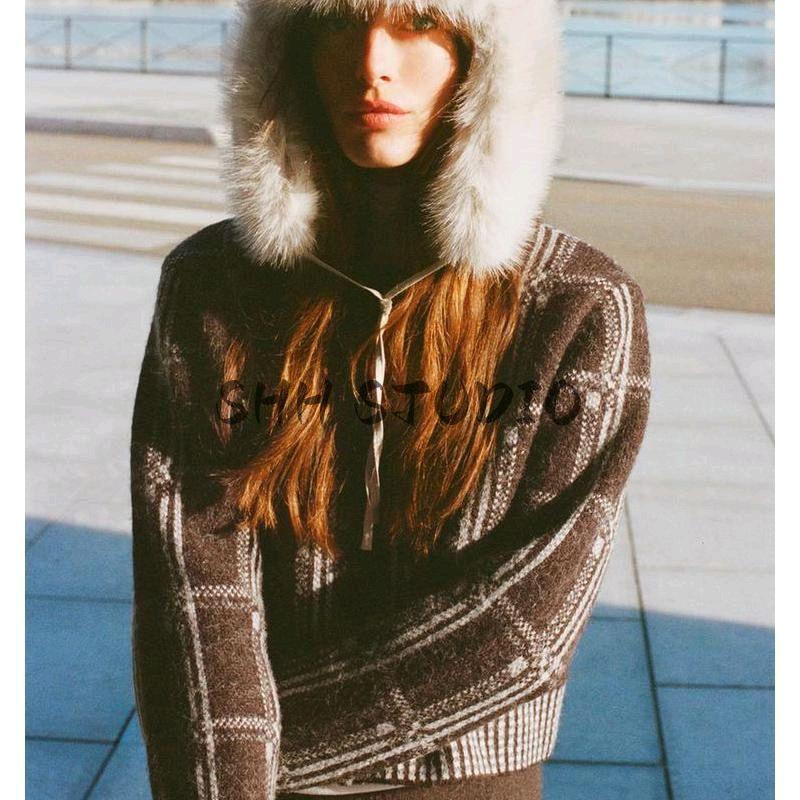 25 Spring New Women's Clothing Idle Style Plaid Printed round Neck Long Sleeves Knitting Cardigan Outwear 6236006
