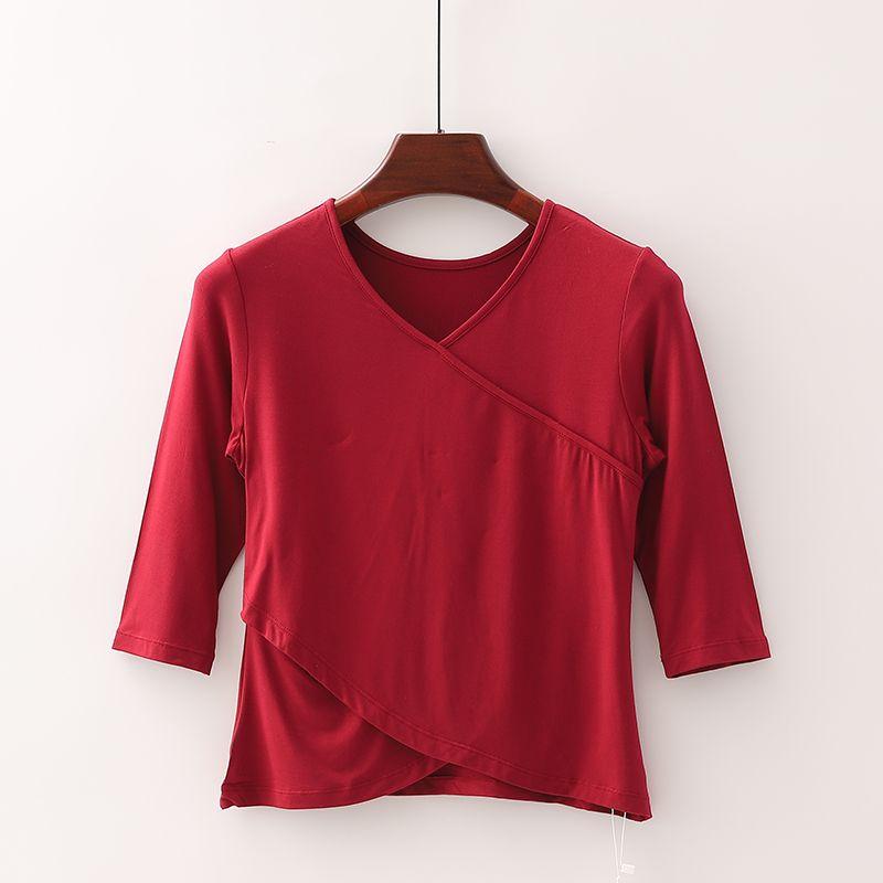 

[Fan] Shopping Mall Brand Discount Women s Stretch Silm V Neck Smooth Mid-Sleeve Dance Yoga Dance T-shirt 8b011 Wine Red S/155