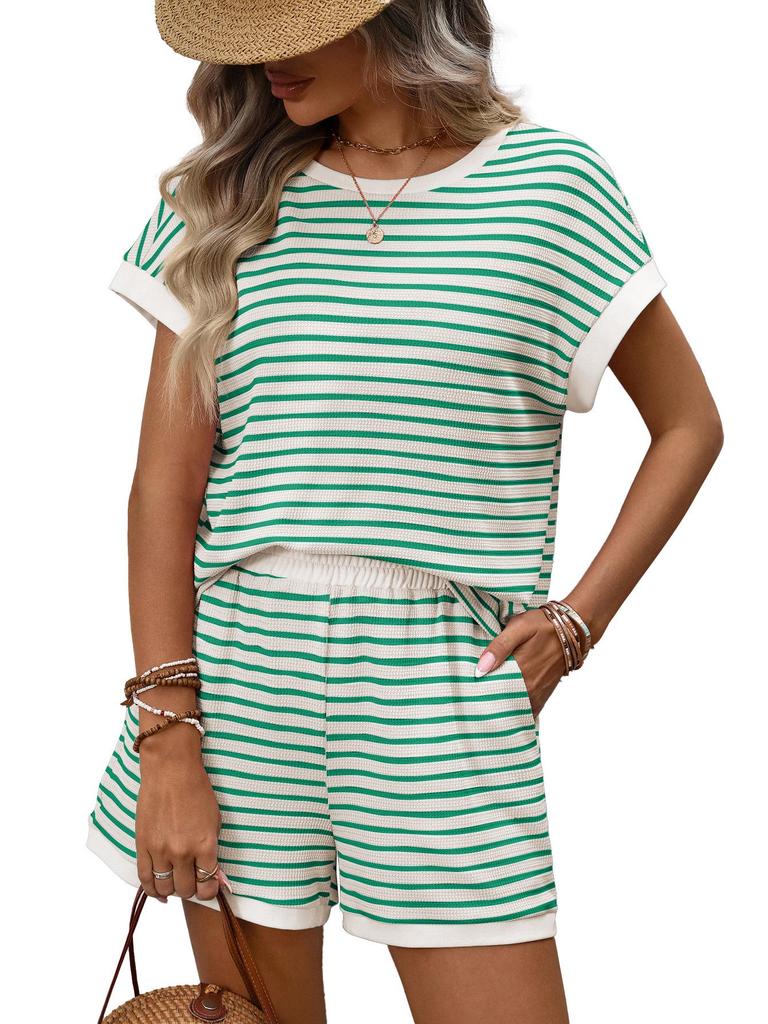 2026 Summer Women's Fashion Round Neck Patchwork Short Sleeve Shorts Casual Two-Piece Set