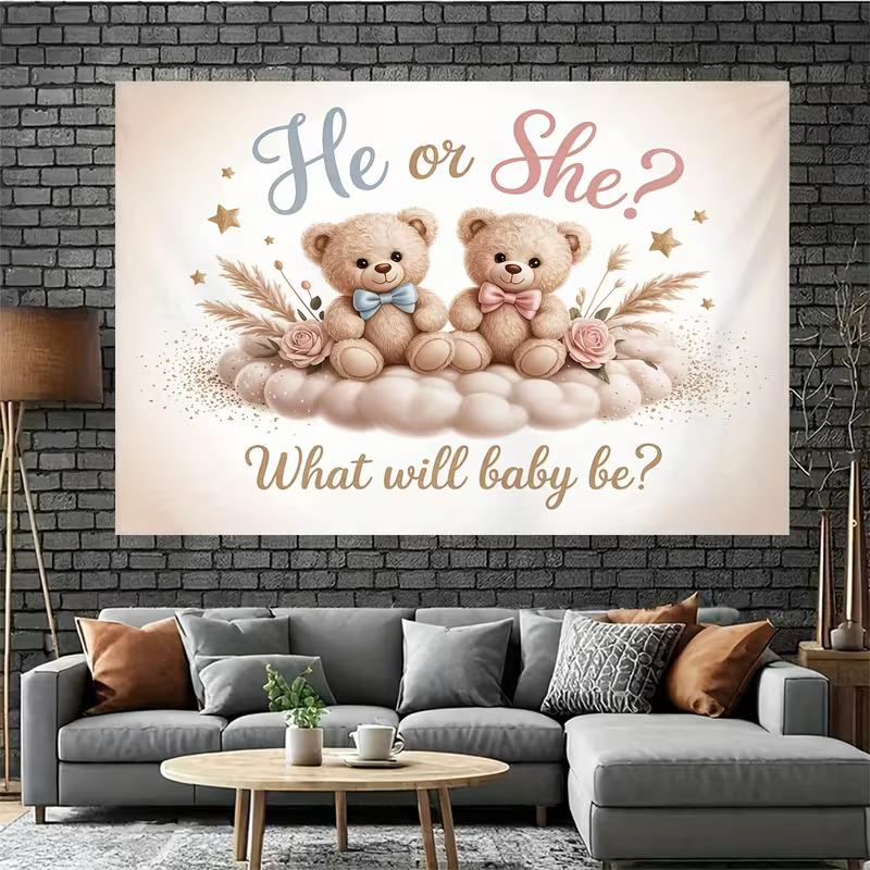 Blue/Pink Teddy Bear Backdrop with Pampas Grass for Gender Reveal Party