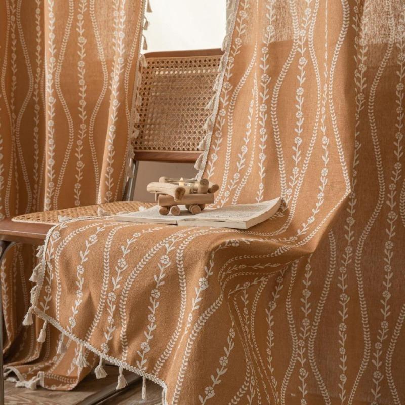 Stripe Floral Boho Curtains for Bedroom Living Room, Bohemian Vintage Tassels Window Treatment Drape for Home Decorations Rod Pocket,1pc