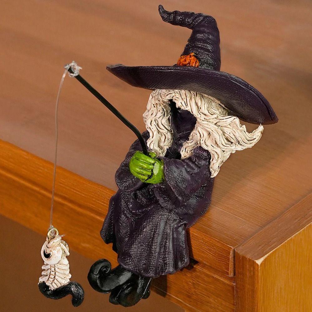 Resin Witch Figurines Funny Ghost Festival Ornament Fishing Witch Statue  Desktop
