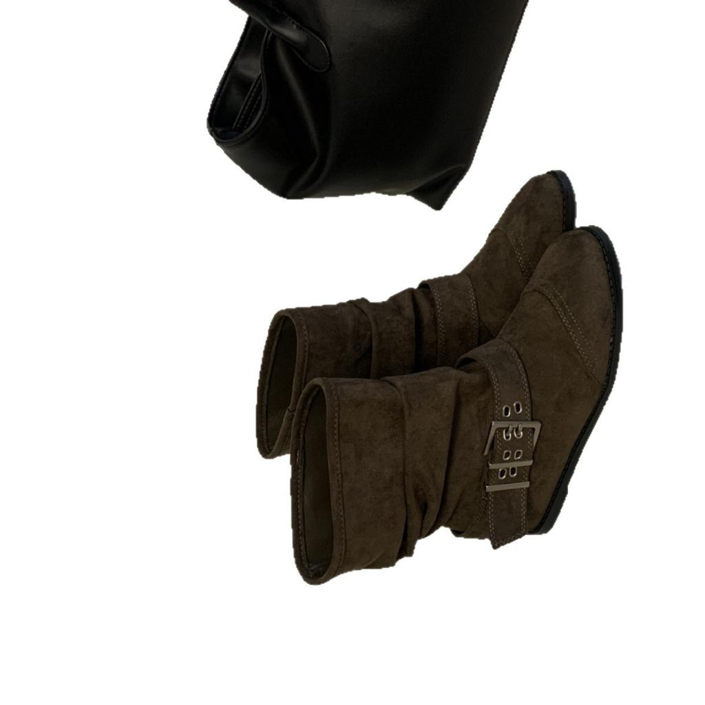 Retro style belt buckle stacking boots women's pleated knight boots locomotive boots temperament inner height increase short boots