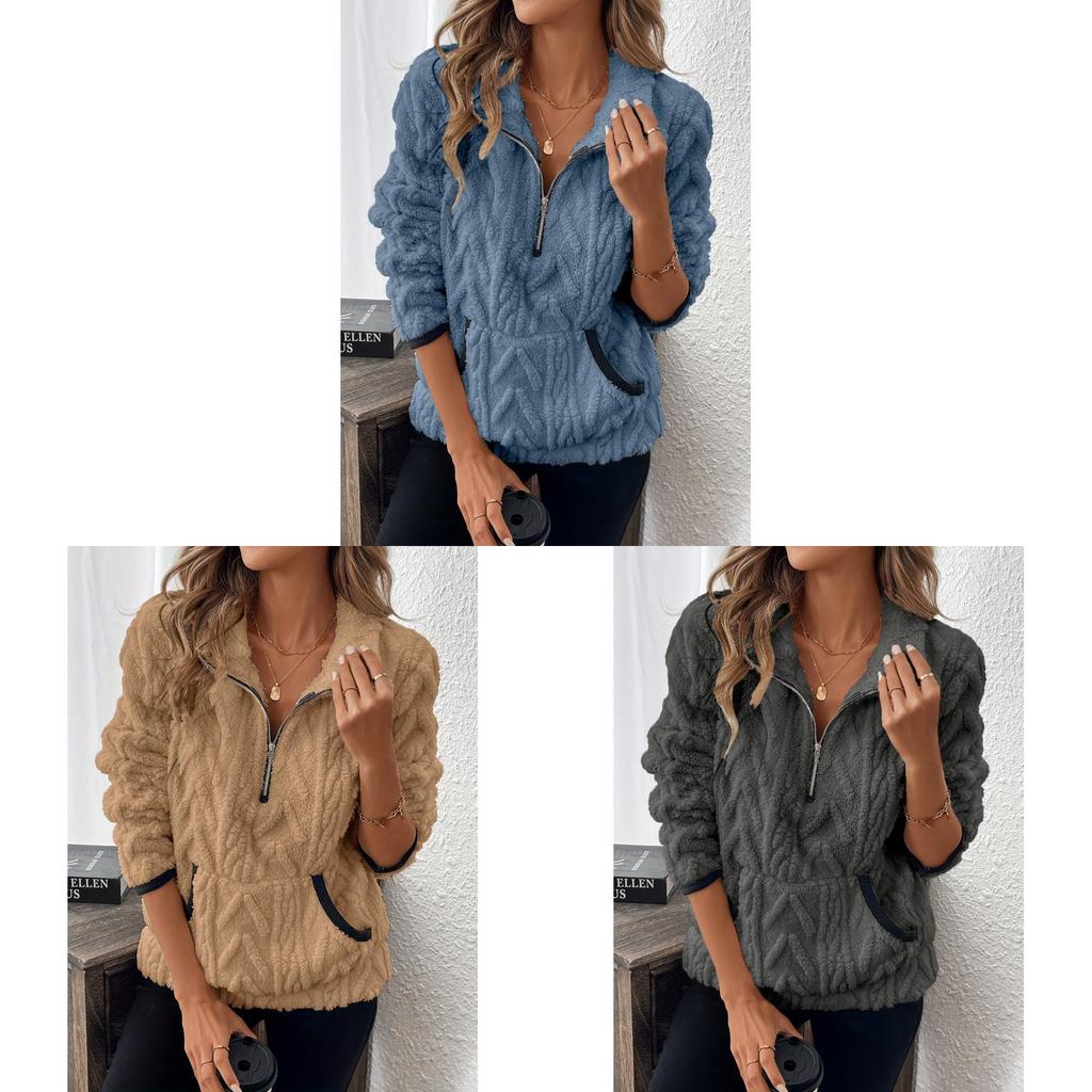Einfarbiges Flauschiges Hoodie für Damen mit Taschen für legere Winterkleidung