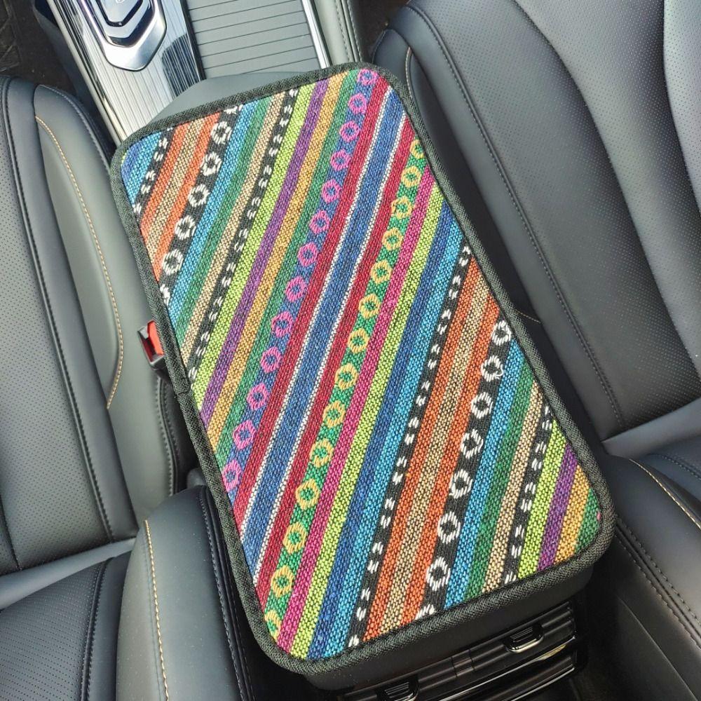 

Ethnic Style Car Armrest Pad Linen Fabric Center Console Cushion Vehicle Style B