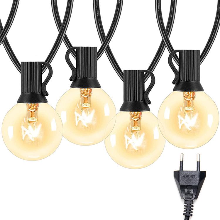 G40 String Lights with 25 Tungsten Filament Bulbs - Plug-In, Energy-Saving, LED, European/American/British Standard, Ideal for Courtyard Use.